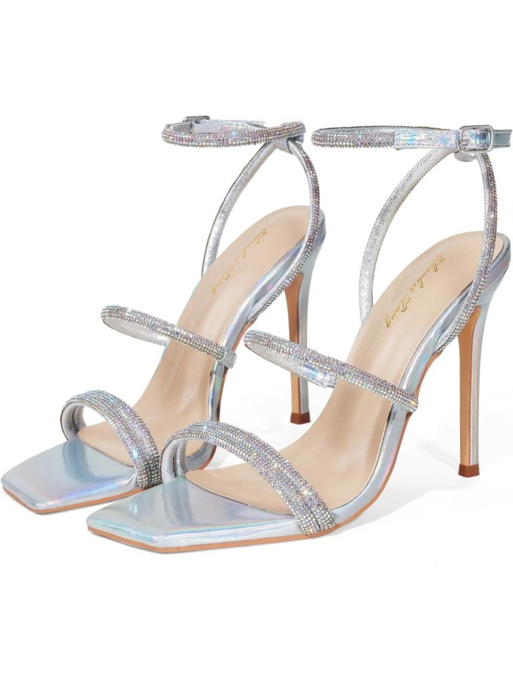 Women's Rhinestone 4 Inch Ankle Strap Stiletto Sandals Square Open Toe High Heel